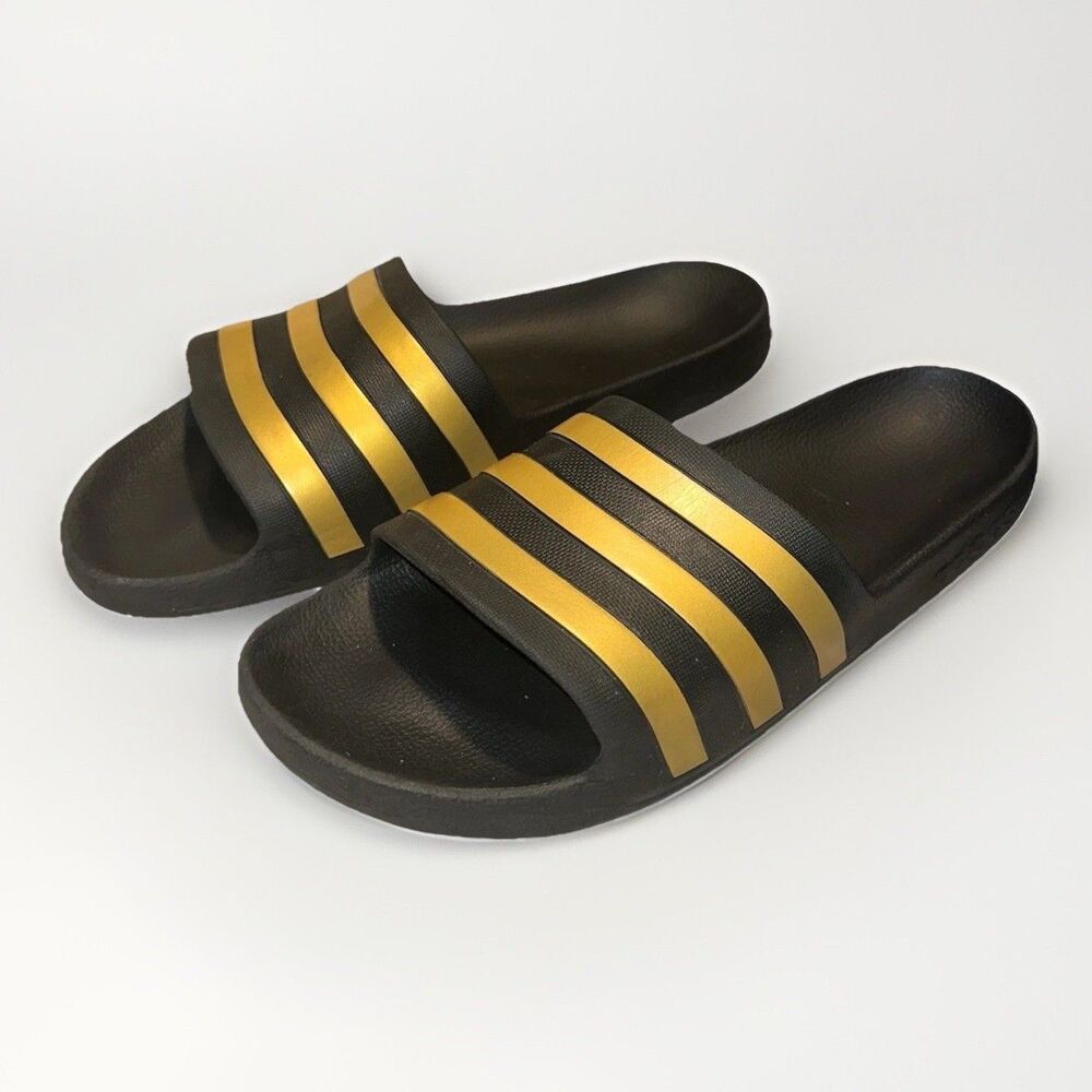 Adidas Adilette Aqua Slides Mens Size 12 Sandal Shoe Black/Gold Metallic EG1758